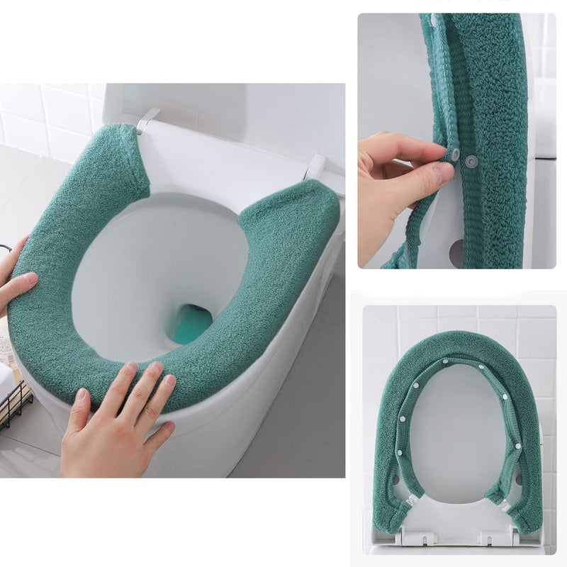 Guojanfon 3Pack Toilet Seat Cover,Bathroom Soft Thicker Warmer with Snaps Fixed Stretchable Washable Fiber Cloth Toilet Seat Covers Pads (Gray,Pink,Green) - Image 4